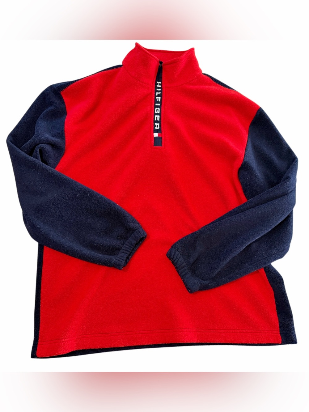 Vintage 90s Tommy Hilfiger Fleece XL Red Navy Colorblock Quarter Zip